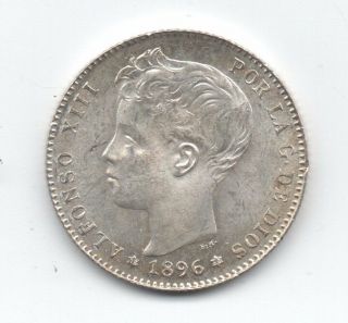 Spain - España 1 Peseta 1896 18 - 96 Km 706 Unc Silver Coin Extraordinary