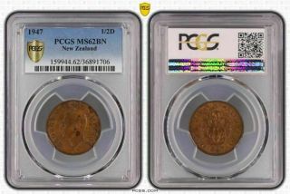 1947 Zealand Half Penny Bu Pcgs Ms62bn Toned Old Coin Only 1 Graded Higher