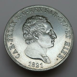 Kingdom Of Sardinia,  5 Lire 1821,  Charles Felix (1821 - 1831),  Silver Coin