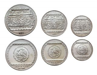Mexico 1993 Bajorrelieve De El Tajin N$ 3 Silver Coin Set 1 - 1/2 - 1/4 Oz De Plata