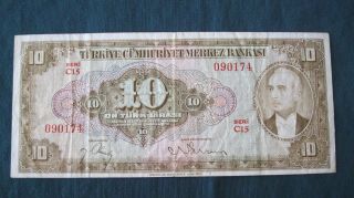 Turkish Banknote [ Paper Money ] 10 Lira 1939 Pres.  Inonu