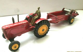 Dinky Toy No 27a Red Massey Harris Tractor With 321 Spreader Massey - Harris