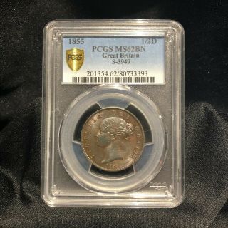 Great Britain 1855 1/2 Penny Pcgs Ms62bn S - 3949