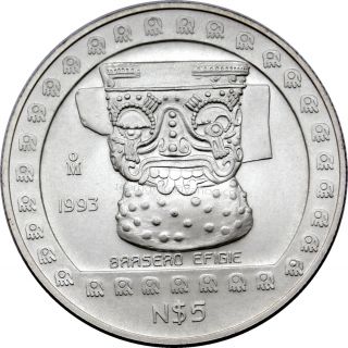 Mexico 1993 N$ 5 Precolumbian Brasero Efigie Silver Coin 1 Oz Onza De Plata Unc