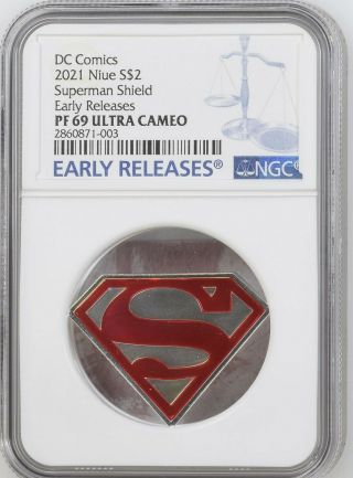 2021 Niue $2 Dc Comics - Superman S Shield - Ngc Pf69 Er Uc -.  999 Silver Coin