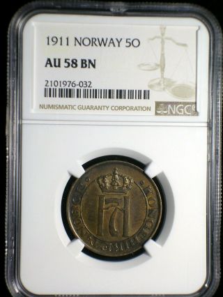 Kingdom Of Norway 1911 5 Ore Ngc Au - 58 Low Mintage Only 7 Graded Higher