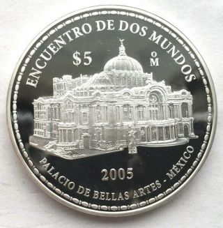 Mexico 2005 Palacio De Bellas 5 Pesos 1oz Silver Coin,  Proof