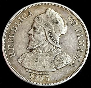 1905 Silver Panama 50 Centesimos Vasco Nunez De Balboa Coin Scarce Date