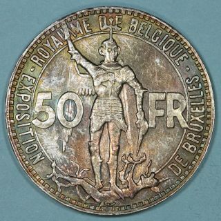1935 Belgium 50 Francs Silver Coin,  Au/unc,  Toned,  Km 106.  1