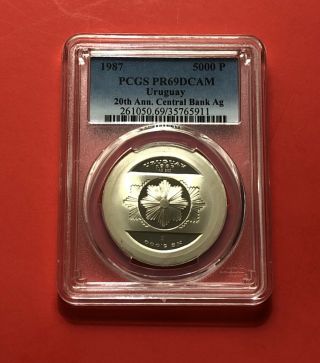 1987 - Uruguay - 5000 Peso Silver Coin (30th Ann.  Central Bank Ag),  Graded By Pcgs 69