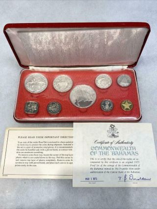 1975 Commonwealth Of The Bahama Islands 9 Coin Proof Set With & Box - Silver