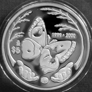 Mexico 5$ Silver Proof 1999 - 2000 Millennium Butterfly Km 630