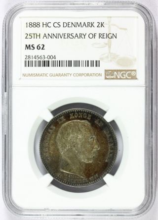 1888 Hc Cs Denmark 2 Two Kroner 25th Ann.  Silver Coin - Ngc Ms 62 - Km 799