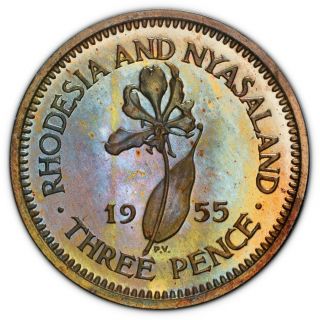 Rhodesia & Nyasaland 3 Pence 1955 Silver Proof Nicer Than Most