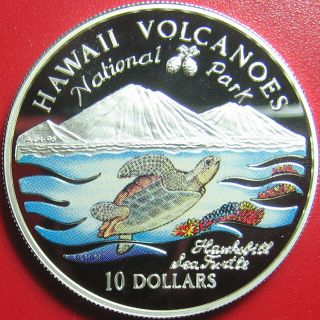 1997 Cook Islands $10 Silver Proof Colored Hawksbill Sea Turtle Hawaii Volcanoes