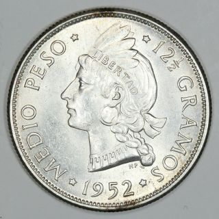 1952 Dominican Republic Half 1/2 Peso Silver Coin,  Unc,  Km 21