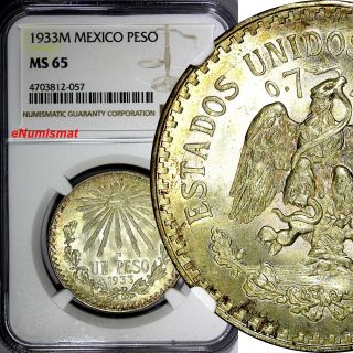 Mexico Estados Unidos Mexicanos Silver 1933 M Peso Ngc Ms65 Bu Km 455