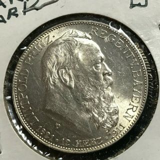 1911 - D Germany Bavaria Silver 2 Mark Brilliant Uncirculated Coin