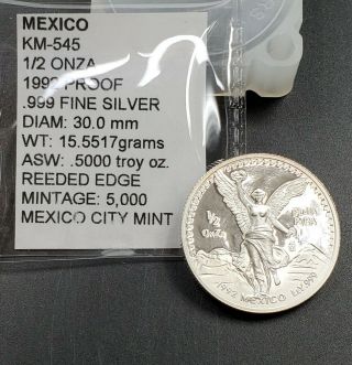 1992 Proof Mo 1/2 Oz Onza Mexico Libertad Gem Proof Unc Ley.  999 Plata Pura