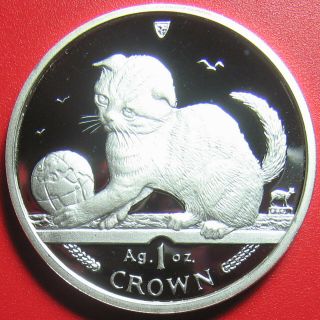 2000 Isle Of Man 1 Crown 1oz Silver Proof Scottish Kitten Cat Playing With Globe