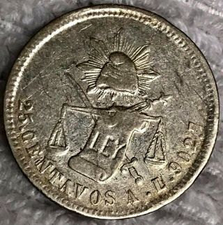 Mexico Silver 25 Centavos 1874 A L Silver - Alamos - Mintage Low