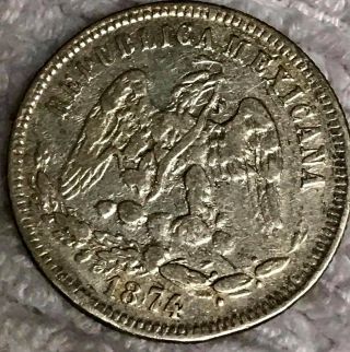 Mexico Silver 25 centavos 1874 A L SILVER - Alamos - Mintage LOW 2