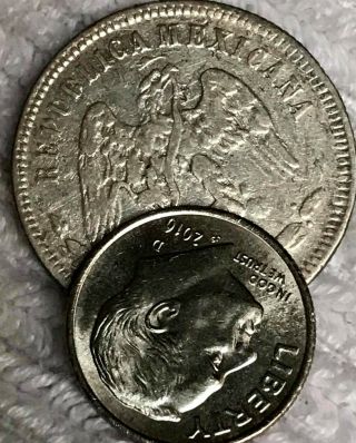 Mexico Silver 25 centavos 1874 A L SILVER - Alamos - Mintage LOW 3