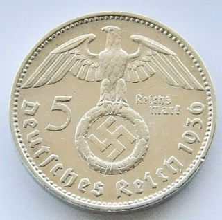 German Coin 5 Mark Reichsmark 1936 J Swastika Hindenburg Silver 3rd Reich Ww2