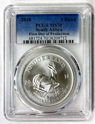 2018 1 Rand South African Silver Krugerrand First Day Of Production Pcgs Ms70