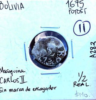 1/2 Half Real Cob Potosi Bolivia Carlos 2 Spanish Colonial Silver Pirate Coin 11