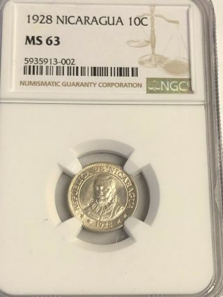 1928 Nicaragua 10 Centavos De Cordoba Silver,  Ngc Ms - 63