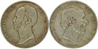 Netherlands - Silver 2½ Gulden Coins (2) Willem Ii/willem Iii - 1848/1874 - Vf,