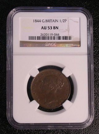 1844 Great Britain 1/2 Penny Coin Km - 726 Ngc Au53 Brown 6440
