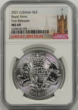 2021 Great Britain Silver 2 Pouinds Ngc First Releases Ms 69 Royal Arms 1 Oz