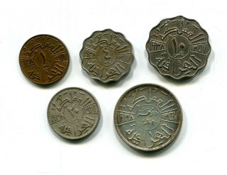 Iraq 1,  4,  10,  20,  & 50 Fils 1938 - I Bombay Km 102 - 106 King Ghazi (5 Diff.  Coins)