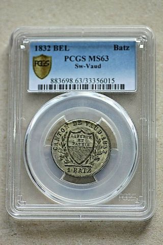 1832 Switzerland Vaud,  1 Batz,  Silver,  Pcgs Ms63