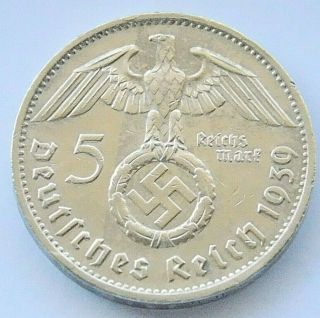 German Coin 5 Mark Reichsmark 1939 F Swastika Hindenburg Silver 3rd Reich Ww2