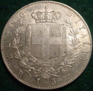 Hi Grade Au Large Silver Crown 1877 5 Lire Italy Detailed Coin