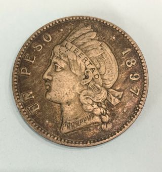 1897 - A Dominican Republic Silver Un 1 Peso 25 Gramos.  Patina (9275)
