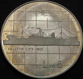 Malta 5 Liri 1986 Prooflike - Silver - Maritime History: Valetta City - 1941 ¤