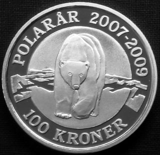Denmark 100 Kroner Silver Proof 2007 International Polar Year Polar Bear Km 917