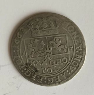 Poland 1 Gulden (xxx Gros. ) 1663.  Silver Km 43.  Vf