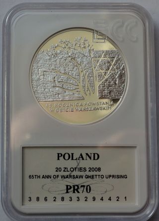 Poland,  20 Zlotych 2008,  65th Anniversary Warsaw Ghetto Uprising,  1 Oz Silver