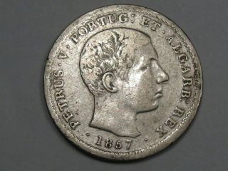 1857 Silver 500 Reis Coin Of Portugal.  Petrus V.  Km - 498.  24