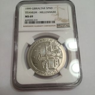 1999 Gibraltar 5 Pound Titanium Millennium Ms 69 Ngc Coin Scarce