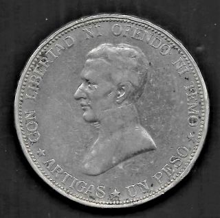 1917 Republic Del Uruguay Un Peso Artigas 900 Silver Coin Km 23