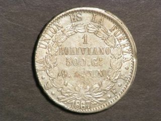Bolivia 1867/6 Pts/fe 1 Boliviano Silver Crown Au - Unc