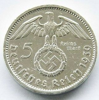 German Coin 5 Mark Reichsmark 1939 A Swastika Hindenburg Silver 3rd Reich Ww2