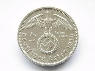 GERMAN Coin 5 MARK REICHSMARK 1939 A SWASTIKA HINDENBURG Silver 3rd Reich WW2 2