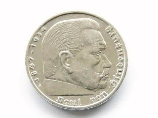 GERMAN Coin 5 MARK REICHSMARK 1939 A SWASTIKA HINDENBURG Silver 3rd Reich WW2 3